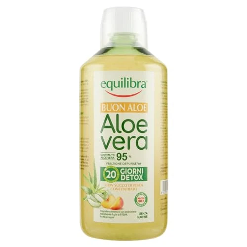 Equilibra Integratori Alimentari, Buon Aloe Vera 95%, Integratore Aloe Vera da Bere Puro o Diluito, Aloin Free, Detox, Pura Polpa, Senza Aggiunta di Acqua, con Succo di Pesca, Senza Glutine, 1 Litro