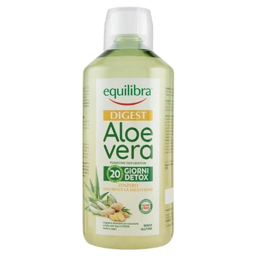 Equilibra Integratori Alimentari, Digest Aloe Vera, Integratore Aloe Vera da Bere Puro o Diluito, Aloin Free, Detox, Pura Polpa, Senza Aggiunta di Acqua, con Zenzero, Digestivo, Senza Glutine, 1 Litro