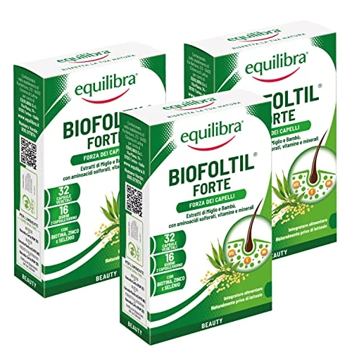 Equilibra Integratori Alimentari, Biofoltil Forte, Integratore per il Benessere di Capelli e Unghie, a Base di Zinco, Selenio e Rame, con Ortica, Miglio e Bambù, 3 Pezzi da 32 Capsule