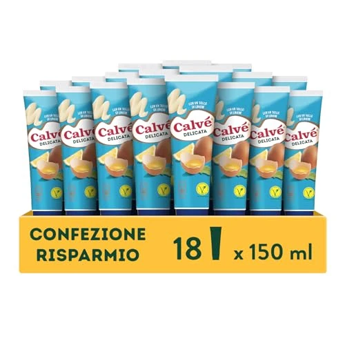 Offerta a tempo: Calvé Maionese Delicata, 18 Pezzi da 150 ml, Maionese Calvé Delicata con un Tocco di Limone e il 60% di Grassi in Meno*, Ideale per Piatti di Pesce e Tartine, Senza Glutine, Vegetariano - 29% da 29.70 € a 21.23 €