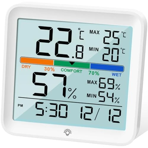 Offerta a tempo: NOKLEAD Igrometro Termometro Digitale per Interni Retroilluminato | Monitor temperatura e umidità con memoria MAX/MIN, orologio, calibrazione e indicatore di comfort - 0.00% da 19.99 € a 19.99 €