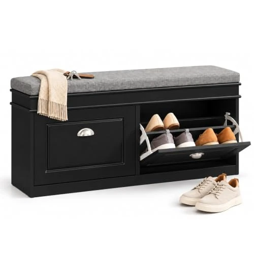 Offerta a tempo: SoBuy Panca Scarpiera da Ingresso, 2 Ante a Ribalta, 104×52×24 cm, Nera | 150 kg, stivali senza chinarsi, 8 paia, ripiani regolabili, cuscino antracite comodo e lavabile con un panno, solo 24 cm - 0.00% da 79.95 € a 79.95 €
