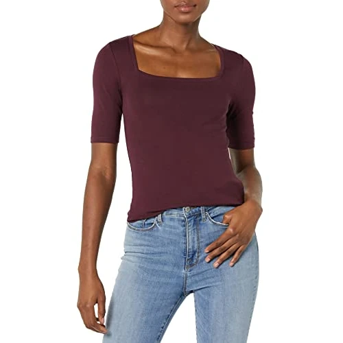 Amazon Essentials T-Shirt Aderente con Scollo Quadrato e Mezze Maniche Donna, Bordeaux, XS