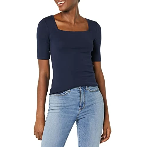 Oferta limitada: Amazon Essentials Camiseta Entallada con Media Manga y Cuello Cuadrado Mujer, Azul Marino, XS de 19.10 EUR a 13.30 EUR (ahorro 30%)