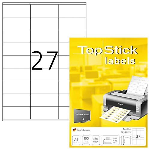 Oferta limitada: TopStick 8704 Etiquetas universales A4 pequeñas, paquete de 10 (70 x 32 mm, 1000 hojas, papel, mate) autoadhesivas, imprimible, pegatinas de dirección permanentes, 27000 adhesivos blancas de 104.84 € a 104.84 € (ahorro 0.00%)