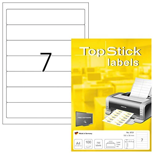 Offerta a tempo: TopStick Etichette autoadesive per dorso, 7 etichette per foglio A4, 1000 fogli, 192 x 38 mm, 7000 etichette, etichette adesive vuote per cartelle a leva, per stampanti laser e inkjet, bianco - 0.00% da 102.55 € a 102.55 €
