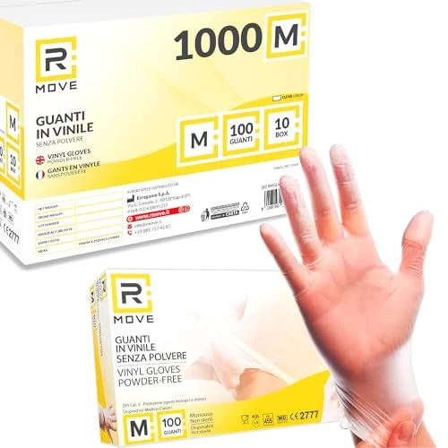 Offerta a tempo: R MOVE 1000 guanti in vinile monouso M senza polvere, gloves ambidestri usa e getta per alimenti, non sterili, senza lattice, ipoallergenici - per ambiti medici, Estetisti, Tatuatori (1000, Taglia M) - 0.00% da 26.99 € a 26.99 €