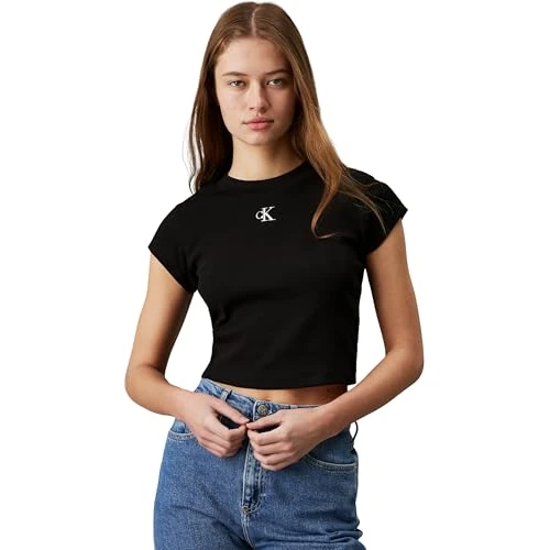 Offerta a tempo: Calvin Klein Donna T-Shirt Maniche Corte CK Rib Baby Tee Corta, Nero (CK Black), L - 37% da 39.90 € a 24.95 €