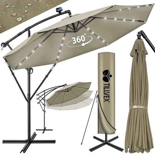 Oferta limitada: tillvex 300/350 cm Sombrilla Excentrico con 32 Luces LED Solar | Parasol para Terraza Jardín Balcón Patio | con Manivela y Base en Cruz, Giratorio 360º, Protección UV de 114.79 € a 102.90 € (ahorro 10%)