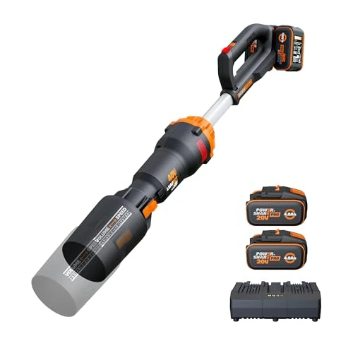 WORX WG585E Soplador de Hojas 40V Máx. (2x20V) Motor sin escobillas, Incluye 2 baterías de 4Ah y Cargador Doble,Tecnología de amplificación de Aire