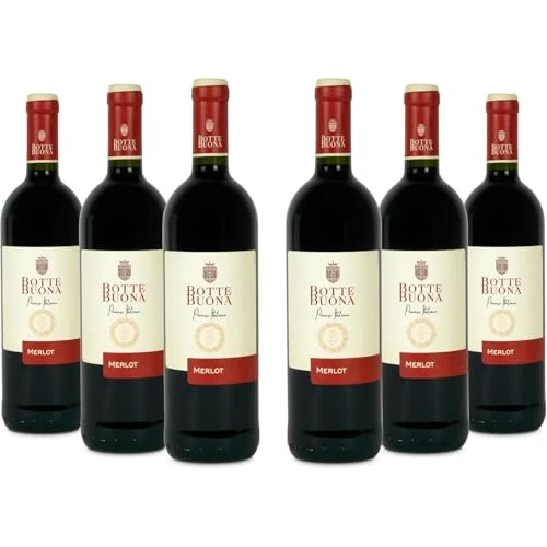 Offerta a tempo: BotteBuona Vino Rosso Merlot, Vino Italiano dal Gusto Raffinato e Profumo Fruttato, 12 % Vol, Confezione con 6 Bottiglie da 750 ml - 41% da 22.20 € a 13.14 €
