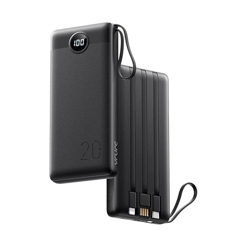 VRURC Power Bank 20000mAh USB C con cavi integrati,caricatore portatile 22.5W QC 3.0 & PD Carica Rapida. LED display powerbank con 4 Uscite & 2 Ingressi per iPhone Samsung Huawei Xiaomi Switch