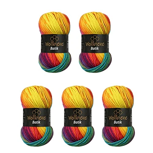 5 x 100g Wollbiene Batik 500 Gramm Wolle mit Farbverlauf mehrfarbig Multicolor Strickwolle Häkelwolle (5910 regenbogen)