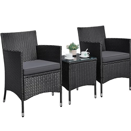 Oferta limitada: Yaheetech Juego de muebles de jardín 2 sillones y 1 mesa de ratán PE impermeable para exteriores con cojines negro/gris de 109.99 € a 105.99 € (ahorro 3.64%)