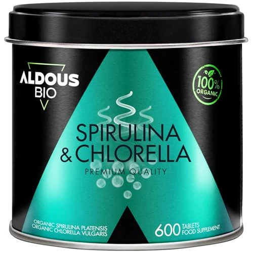 Offerta a tempo: Spirulina e Clorella Bio 1800mg - 600 Compresse - Alga Spirulina + Alga Clorella - Detox, Energia, Immunità, Sazietà - Proteine Vegetali, Clorofilla, Vitamine - Vegan, Senza Additivi - ALDOUS - 17% da 26.97 € a 22.48 €