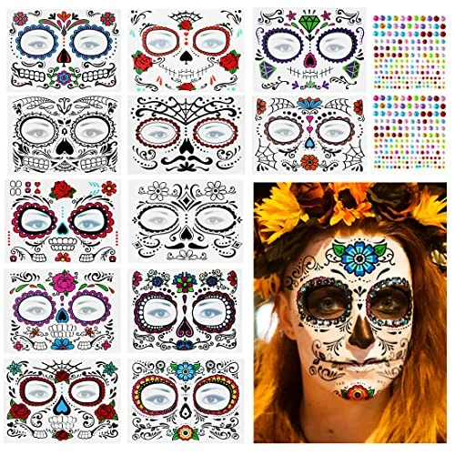 14 arkuszy naklejek na twarz, usta, tymczasowe tatuaże na twarz z trupią czaszką, motyw kwiatowy, tatuaż tymczasowy, trupia czaszka, błyszczące kamienie, naklejki na Halloween, karnawał, imprezę