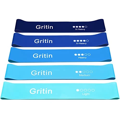 Gritin Resistance Bands, Set of 5 Skin-Friendly Resistance Fitness Exercise Loop Bands with 5 Different Strength Levels - Carrying Case Included - Ideal for Home, Gym, Yoga, Training