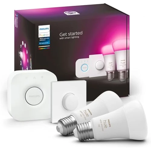 Offerta a tempo: Philips Hue White & Col. Amb. E27 - Set di 2 starter con Smart Button 2 x 800 lm 75 W - 4% da 149.99 € a 143.85 €