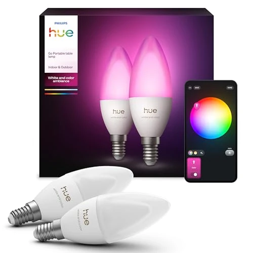 Philips Hue White and Color Ambiance, Lampadina Smart LED, Attacco E14, Luce Bianca o Colorata, 4W, confezione da 2