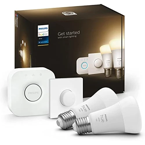 Offerta a tempo: Philips Hue White Starter Kit con 2 Lampadine, con Bluetooth, Dimmerabili, Attacco E27 + 1 Bridge Hue Controllo Completo del Sistema + 1 Telecomando Hue Smart Button, Bianco - 23% da 89.99 € a 68.98 €