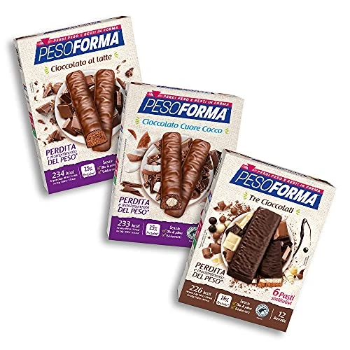 Pesoforma Barrette Cioccolato al Latte, Pasti Sostitutivi Dimagranti, 12 x 31g + Cioccolato Cuore Cocco 12 x 31g + Tre Cioccolati 12 x 31g
