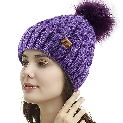 REDESS Damen Winter Pompom Beanie Mütze Fleece gefütterte warme Mützen, Dicke, lässige Schneestrickmütze für Damen