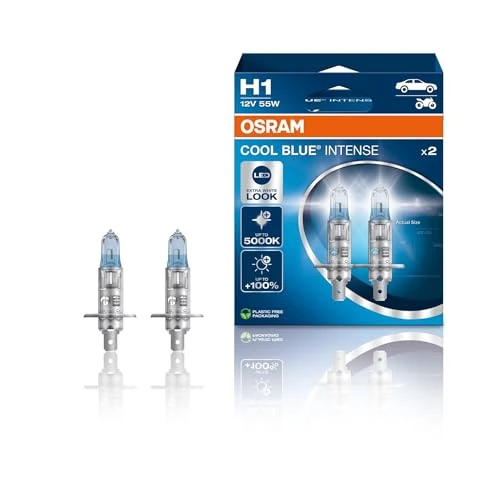 Zeitlich begrenztes Angebot: Osram Cool Blue Intense H1, mit 100 Prozent mehr Helligkeit, bis zu 5.000K, Halogen-Scheinwerferlampe, LED-Look, Duo Box (2 Lampen), Fahrzeugspezifische Passform, Blue, Duo Box von 11.90 € auf 9.58 € (19% Rabatt)