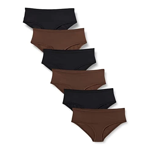 Amazon Essentials Women's Microfibre Underwear (Hipster & Thong, Available in Plus Size), Pack of 6, Black/Rich Hazel, 12