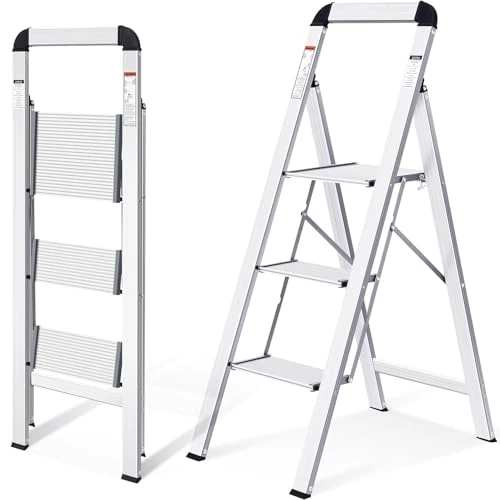Offerta a tempo: KINGRACK Scaletta 3 Gradini di Pieghevole, Scala in Alluminio con Corrimano, con Dispositivo di Protezione di Sicurezza. Gradini Antiscivolo, Massima 150kg, Argento - 19% da 86.99 € a 70.85 €