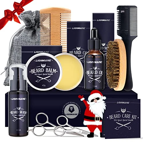 Offerta a tempo: Kit Barba per Uomo, Regalo di San Valentino Uomo, Lionmane Cura Barba, Set Regalo Cura della Barba Uomo con Olio, Shampoo, Balsamo, Pettine, Spazzola, Pettine Rasoio Capelli, Forbici, Sacca - 31% da 25.99 € a 17.99 €