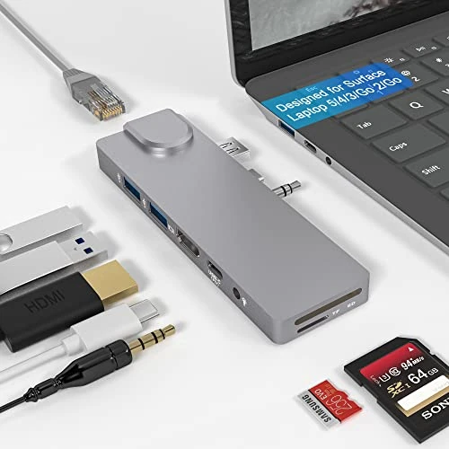 Surface Laptop 5 Hub Docking Station, con adattatore HDMI 4K + 1000M LAN + USB C 60W PD + 2 USB 3.0 + lettore di schede SD/TF + porta audio 3.5 adattatore per Surface Laptop 5/4/3/Go 2/Go