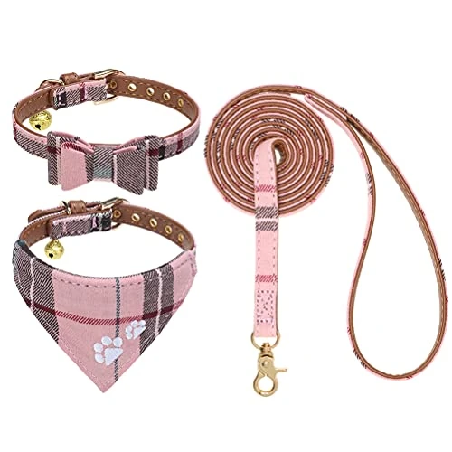 Limited-time offer: EXPAWLORER Dog Collar and Leash Set - Embroidery Pawprints Plaid Dog Collar and Dog Leash Set, Bow Tie and Bandana Dog Collar with Bell, Collar and Leash for Dogs Cats Outdoor Walking, Pink S-M from $13.99 to $13.99 (save 0.00%)