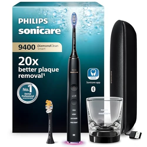 Philips Sonicare DiamondClean Smart 9400 Electric Toothbrush, Sonic Toothbrush with App, Pressure Sensor, Brush Head Detection, 4 Cleaning Modes and 3 Intensity Levels, Black, Model HX9917/89