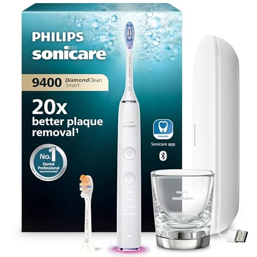 Limitiertes Angebot: Philips Sonicare DiamondClean Smart 9400 elektrische Zahnbürste, Schallzahnbürste mit App, Drucksensor, Bürstenkopferkennung, 4 Putzmodi und 3 Intensitätsstufen, Weiß, Modell HX9917/88 von 279.99 EUR auf 154.99 EUR (Spare 45%)