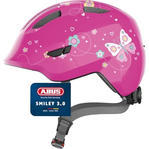 Zeitlich begrenztes Angebot: ABUS Kinderhelm Smiley 3.0 - Fahrradhelm mit tiefer Passform, kindergerechten Designs & Platz für einen Zopf - für Mädchen und Jungs - Pink mit Schmetterlings-Muster, Größe M von 39.95 € auf 37.99 € (5% Rabatt)