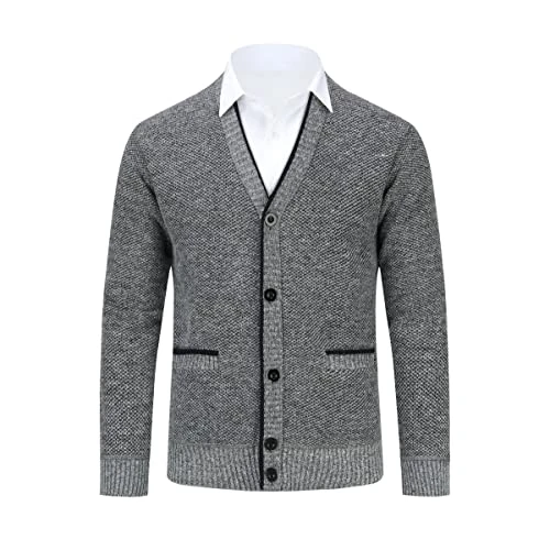 Allthemen Herren Strickjacke mit V Ausschnitt Gefüttert Cardigan mit Knöpfen Grobstrick Pullover Männer Warm Übergangsjacke Hellgrau XL