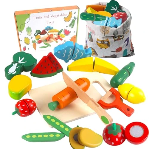 HVDHYY Wooden Toys Pretend Play Food set for Kids Kitchen Wooden Fruit and Vegetables for Children on Christmas Birthday Halloween Children's Day Present with a Reusable Storage bag