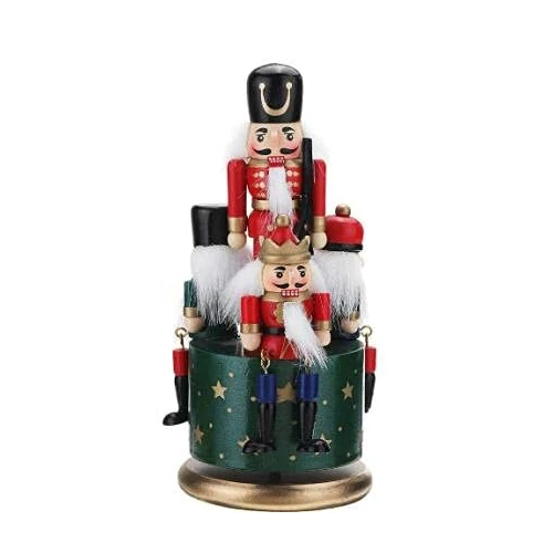 LINGSFIRE Wooden Nutcracker Music Box, Christmas Decorations 4 Soldiers Figures Musical Box with Clockwork & Round Base for Home Decor Collectibles Festival Decoration Xmas Ornaments Gift 21cm (Green)