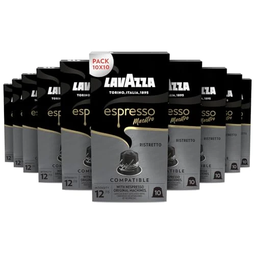 Lavazza, Espresso Maestro Ristretto, 100 Cápsulas de Café Compatibles con Máquinas Nespresso* Original, Notas de Chocolate y Caramelo, Arábica y Robusta, Intensidad 12, Tueste Oscuro, Amazon Exclusive