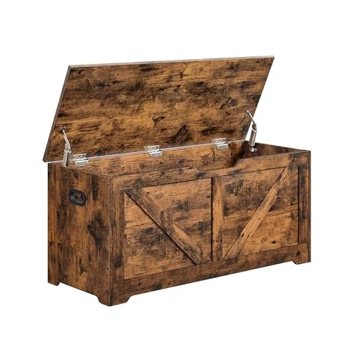 VASAGLE Cassapanca, Panca Portaoggetti, Pouf Organizzatore con 2 Cerniere di Sicurezza, Scarpiera, Stile Rustico, 40 x 100 x 46 cm, per Corridoio, Camera da Letto, Soggiorno, Marrone Vintage LSB060T01