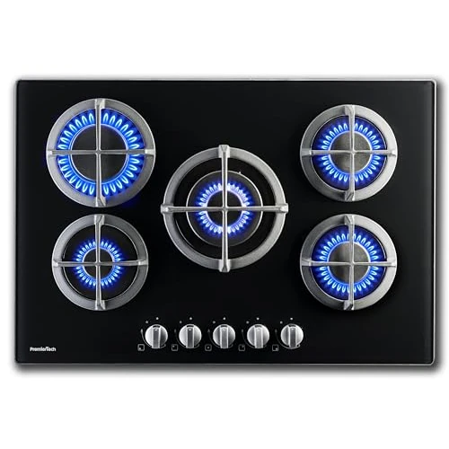 PremierTech Plateau de cuisson à gaz, 5 feux, 75 cm, verre noir, supports en fonte professionnelle, préparé au méthane et kit buses GPL inclus, design élégant - PC5G75V