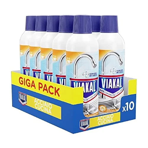 Offerta a tempo: Viakal Anticalcare Detersivo Liquido Acciaio Cucina, 10 x 470 ml, Rimozione del Calcare fino al 100%, Pulito brillante, Brillantezza che dura a lungo - 22% da 22.99 € a 17.98 €
