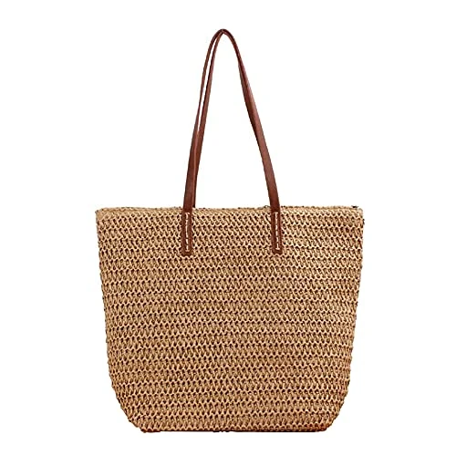 Tijdelijke aanbieding: Hsthe Sea Handgeweven stro schoudertas voor dames, grote lederen strandtas met ritssluiting, zomer strandtas (bruin), Marrone van 20.99 € naar 20.99 € (0.00% korting)