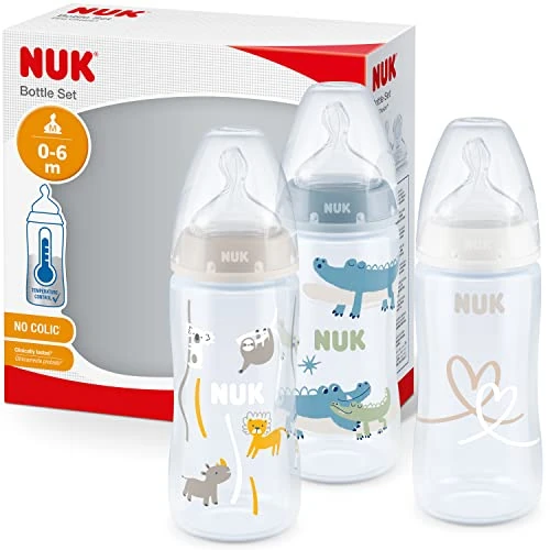 Offre limitée : Nuk First Choice+ Lot de 3 biberons pour bébé de 0 à 6 mois, contrôle de la température, anti-coliques, 300 ml, sans BPA, tétine en silicone, safari 10225266 de 19.99 € à 18.83 € (6% de remise)