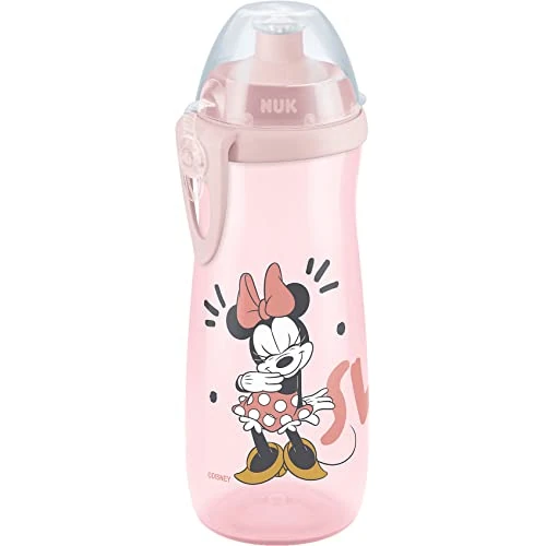 NUK Botella de polipropileno (PP) Sports Cup para niños, a partir de 24 meses, boquilla a prueba de fugas, clip y tapa protectora, sin BPA, 450 ml, diseño de Minnie Mouse de Disney (rosa)