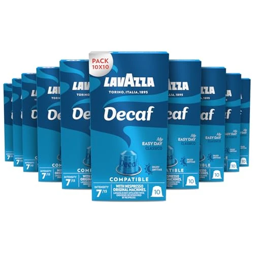 Lavazza, Decaf, 100 Nespresso Original maschinenkompatible Kaffeekapseln, mit Noten von Schokolade und Trockenfrucht, Arabica und Robusta, Intensität 7/13, Mittlere Röstung