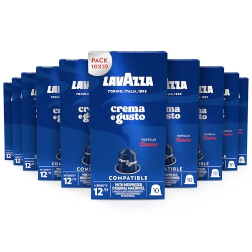 Offerta a tempo: Lavazza, Crema e Gusto Classico, 100 Capsule in Alluminio Compatibili con Macchine Nespresso Original, Note di Spezie, Cioccolato e Legno, Arabica&Robusta, Intensità 12/13, Tostatura Media, 10 Pack - 18% da 35.99 € a 29.49 €