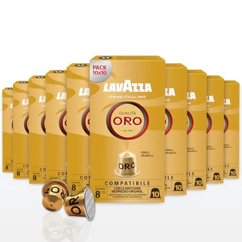 Lavazza, Qualità Oro, 100 Cápsulas de Café Compatibles con las Máquinas Nespresso* Original, con Notas Aromáticas Florales y Afrutadas, 100% Arábica, Intensidad 8, Tueste Ligero