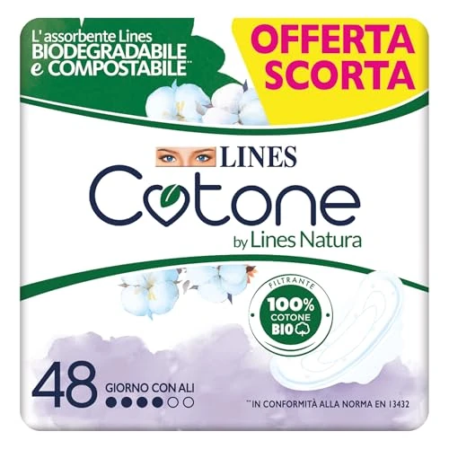 Lines Algodón de Lines Natura con alas, 48 compresas de algodón para el día, biodegradable y compostable. Filtrante 100% algodón orgánico respetuoso con la piel, paquete de repuesto.