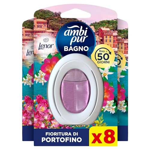 Ambi Pur Badezimmer, Raumduft, 8 Duft, Lenor Portofino, Umgebungsdiffusor mit Geruchsbeseitigungstechnologie, Lebensdauer bis zu 50 Tage pro Lufterfrischer